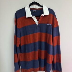 Patagonia Long-Sleeve Rugby Polo in Navy and Rust with White Collar